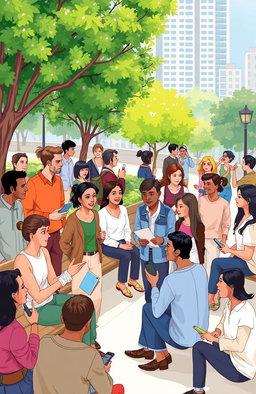 An illustration depicting the essence of human communication, featuring diverse people engaging in conversations, using body language, facial expressions, and various forms of communication like speaking, gestures, and technology