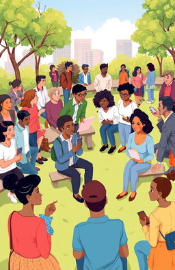 An illustration depicting the essence of human communication, featuring diverse people engaging in conversations, using body language, facial expressions, and various forms of communication like speaking, gestures, and technology