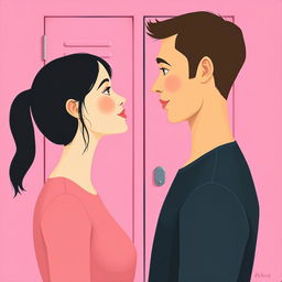 A minimalist and simple painting depicting a woman and a man making eye contact in front of a pink school locker
