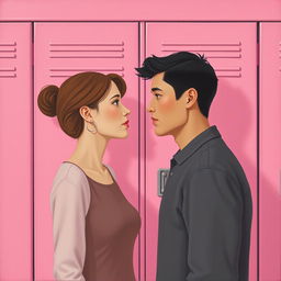 A minimalist and simple painting depicting a woman and a man making eye contact in front of a pink school locker