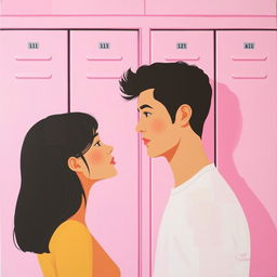 A minimalist and simple painting depicting a woman and a man making eye contact in front of a pink school locker