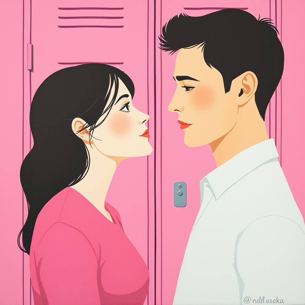 A minimalist and simple painting depicting a woman and a man making eye contact in front of a pink school locker