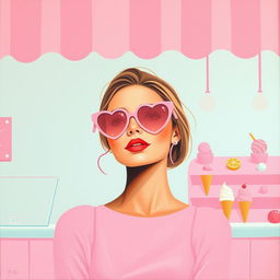 A minimalist and simple painting featuring a woman in a pink ice cream shop