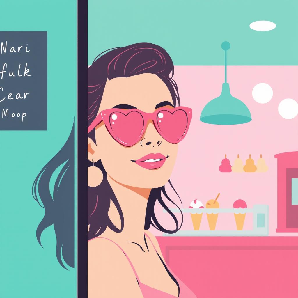 A minimalist and simple painting featuring a woman in a pink ice cream shop