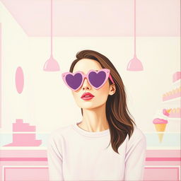 A minimalist and simple painting featuring a woman in a pink ice cream shop