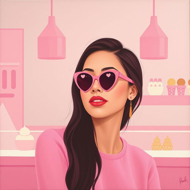 A minimalist and simple painting featuring a woman in a pink ice cream shop