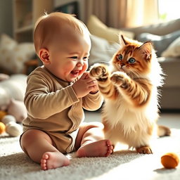 An adorable scene of a baby playfully boxing with a fluffy cat