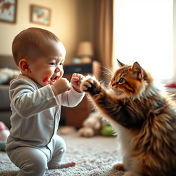 An adorable scene of a baby playfully boxing with a fluffy cat