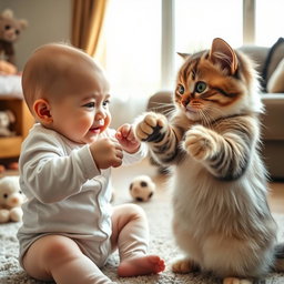 An adorable scene of a baby playfully boxing with a fluffy cat