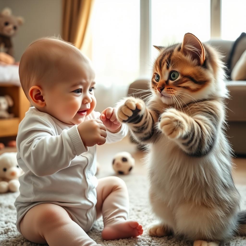An adorable scene of a baby playfully boxing with a fluffy cat