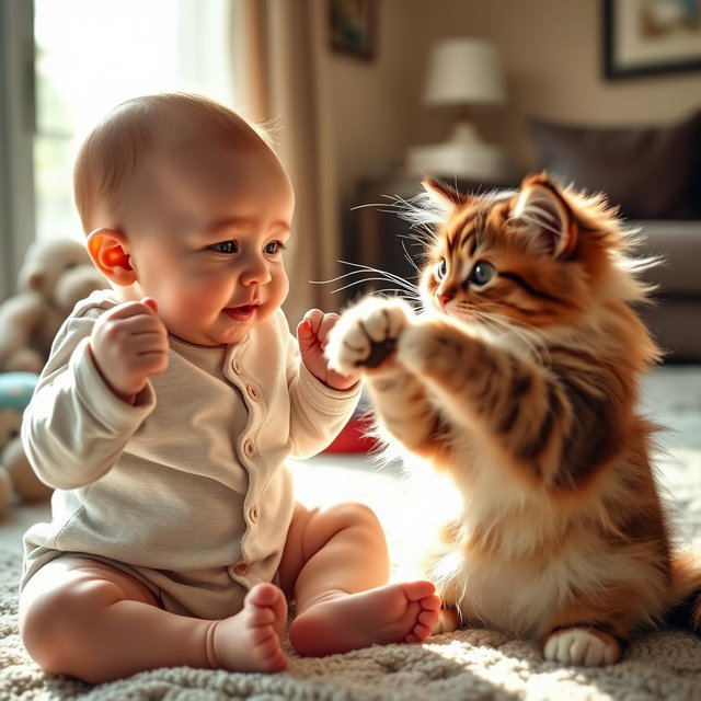 An adorable scene of a baby playfully boxing with a fluffy cat