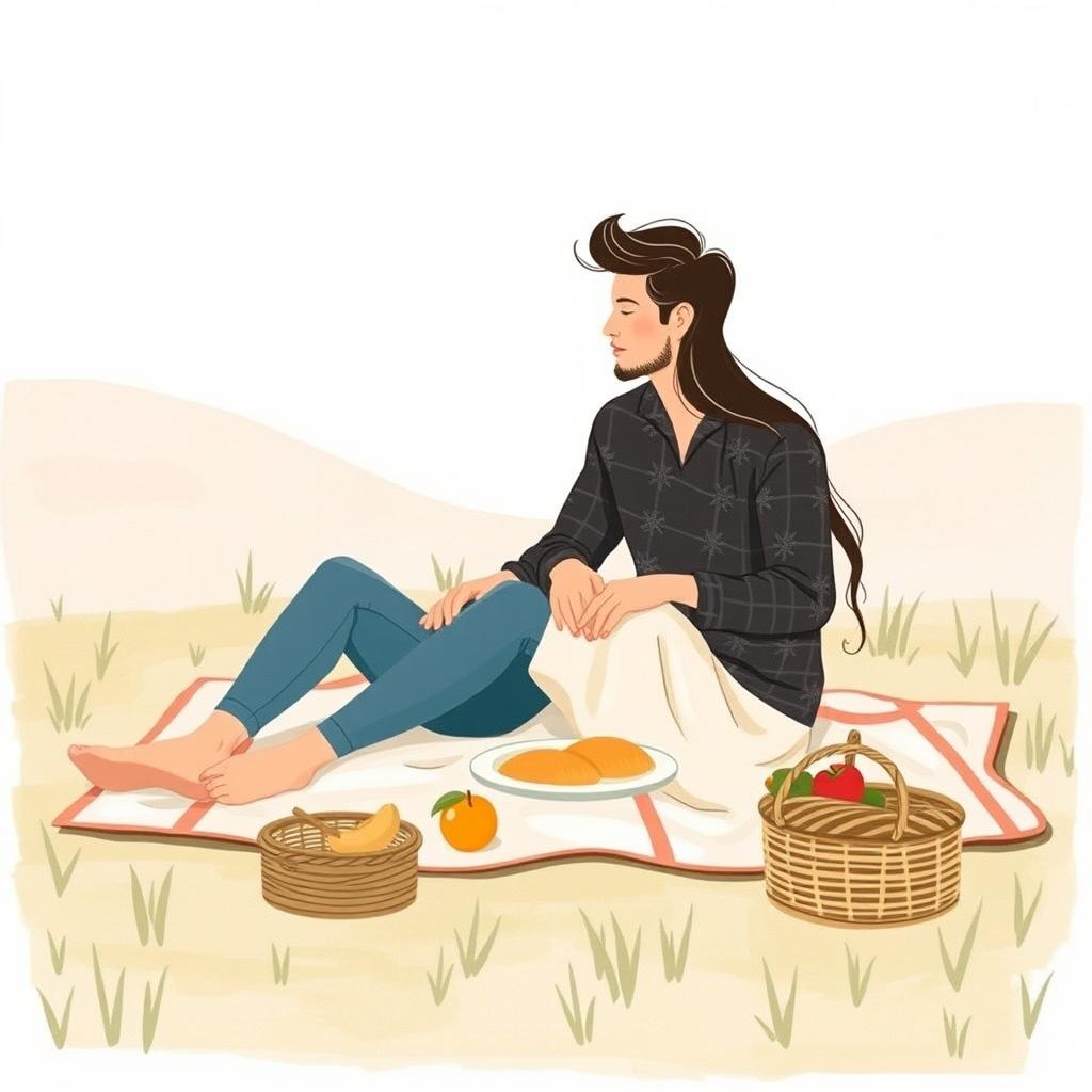 A minimalist and simple painting of a couple enjoying a picnic together