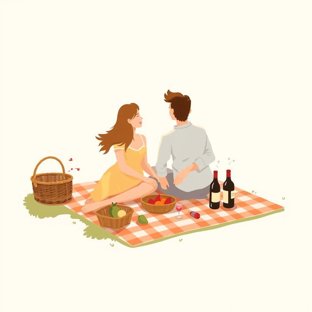A minimalist and simple painting of a couple enjoying a picnic together