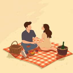 A minimalist and simple painting of a couple enjoying a picnic together