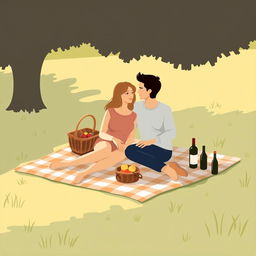 A minimalist and simple painting of a couple enjoying a picnic together