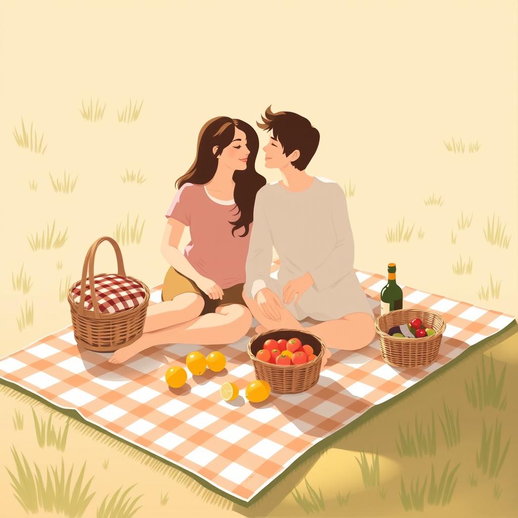 A minimalist and simple painting of a couple enjoying a picnic together