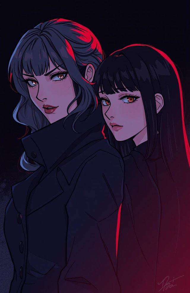 An illustration in webtoon or comic style featuring two women from the shoulders up in a dark and tense atmosphere