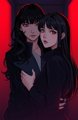 An illustration in webtoon or comic style featuring two women from the shoulders up in a dark and tense atmosphere