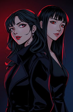 An illustration in webtoon or comic style featuring two women from the shoulders up in a dark and tense atmosphere