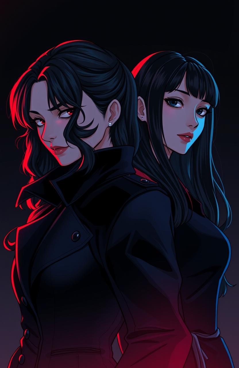An illustration in webtoon or comic style featuring two women from the shoulders up in a dark and tense atmosphere