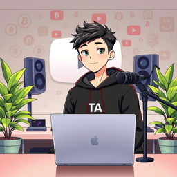 A vibrant anime-style illustration of an 18-year-old boy sitting in front of a modern computer desk