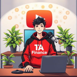 A vibrant anime-style illustration of an 18-year-old boy sitting in front of a modern computer desk