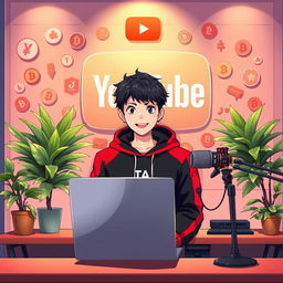 A vibrant anime-style illustration of an 18-year-old boy sitting in front of a modern computer desk