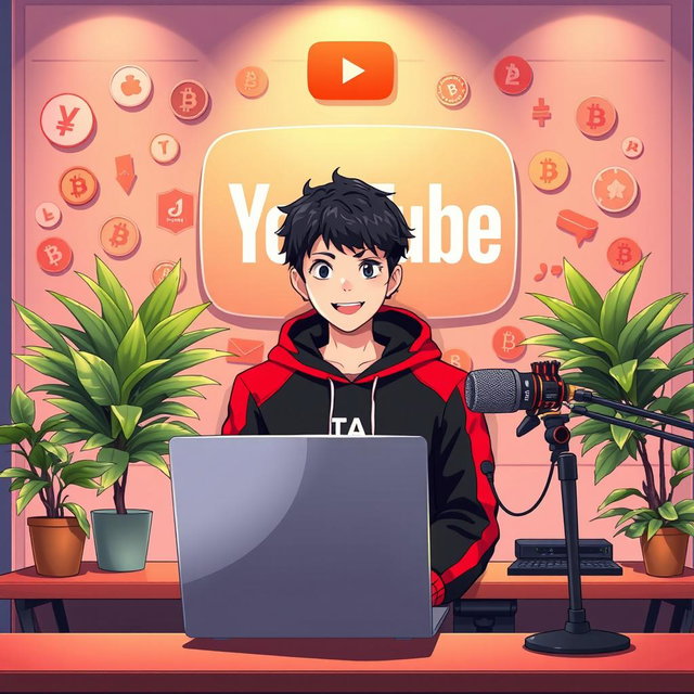 A vibrant anime-style illustration of an 18-year-old boy sitting in front of a modern computer desk
