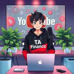 A vibrant anime-style illustration of an 18-year-old boy sitting in front of a modern computer desk