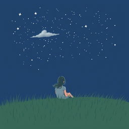 A minimalist and simple painting depicting a couple sitting in the grass, gazing up at a beautiful starry sky