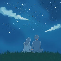 A minimalist and simple painting depicting a couple sitting in the grass, gazing up at a beautiful starry sky
