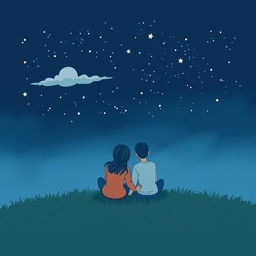 A minimalist and simple painting depicting a couple sitting in the grass, gazing up at a beautiful starry sky