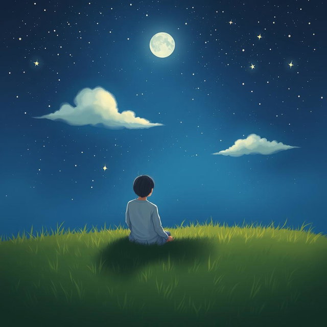 A minimalist and simple painting of a couple sitting on the grass, gazing up at a beautiful starry sky