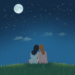 A minimalist and simple painting of a couple sitting on the grass, gazing up at a beautiful starry sky