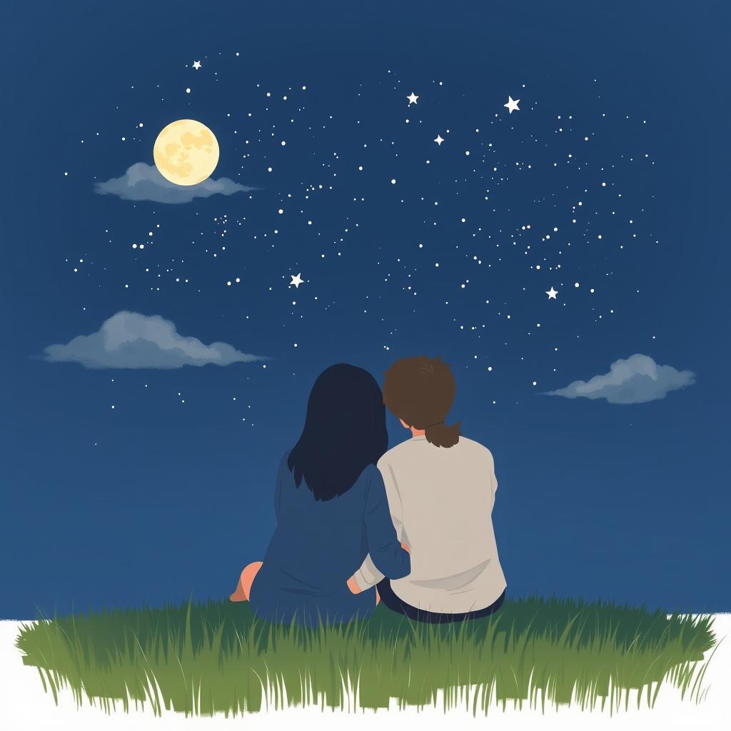 A minimalist and simple painting of a couple sitting on the grass, gazing up at a beautiful starry sky