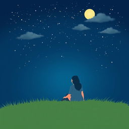 A minimalist and simple painting of a couple sitting on the grass, gazing up at a beautiful starry sky