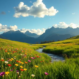 A serene landscape featuring a lush green meadow with vibrant wildflowers in a rainbow of colors