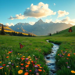 A serene landscape featuring a lush green meadow with vibrant wildflowers in a rainbow of colors