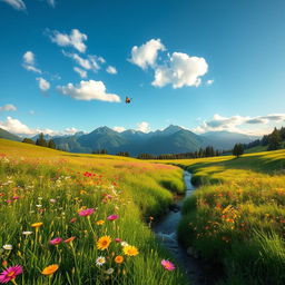 A serene landscape featuring a lush green meadow with vibrant wildflowers in a rainbow of colors