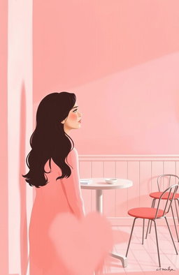 A minimalist and simple painting of a woman and a man making direct eye contact in a pink-themed cafe