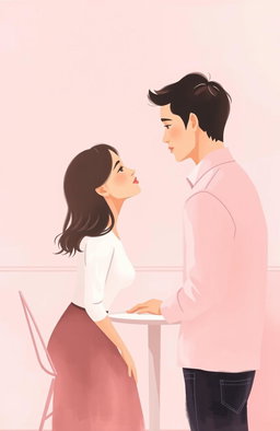 A minimalist and simple painting of a woman and a man making direct eye contact in a pink-themed cafe