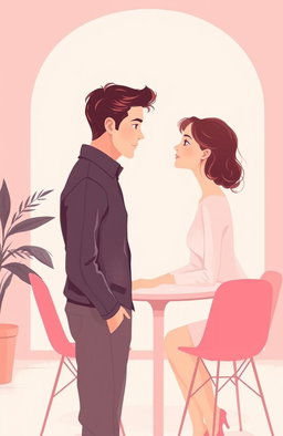 A minimalist and simple painting of a woman and a man making direct eye contact in a pink-themed cafe