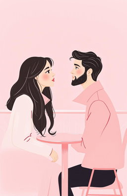 A minimalist and simple painting of a woman and a man making direct eye contact in a pink-themed cafe