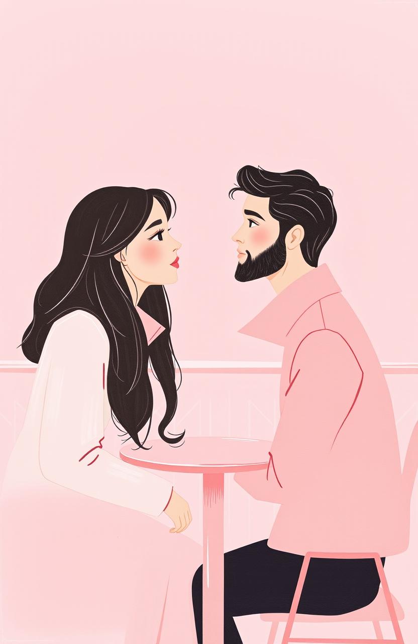 A minimalist and simple painting of a woman and a man making direct eye contact in a pink-themed cafe