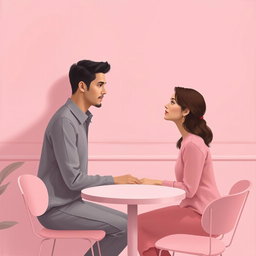 A minimalist and simple painting of a woman and a man making direct eye contact in a charming pink cafe