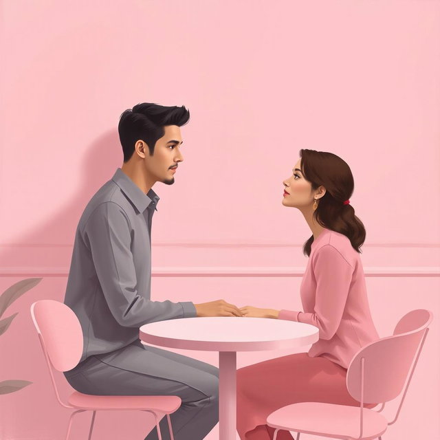A minimalist and simple painting of a woman and a man making direct eye contact in a charming pink cafe