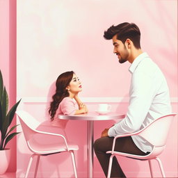 A minimalist and simple painting of a woman and a man making direct eye contact in a charming pink cafe