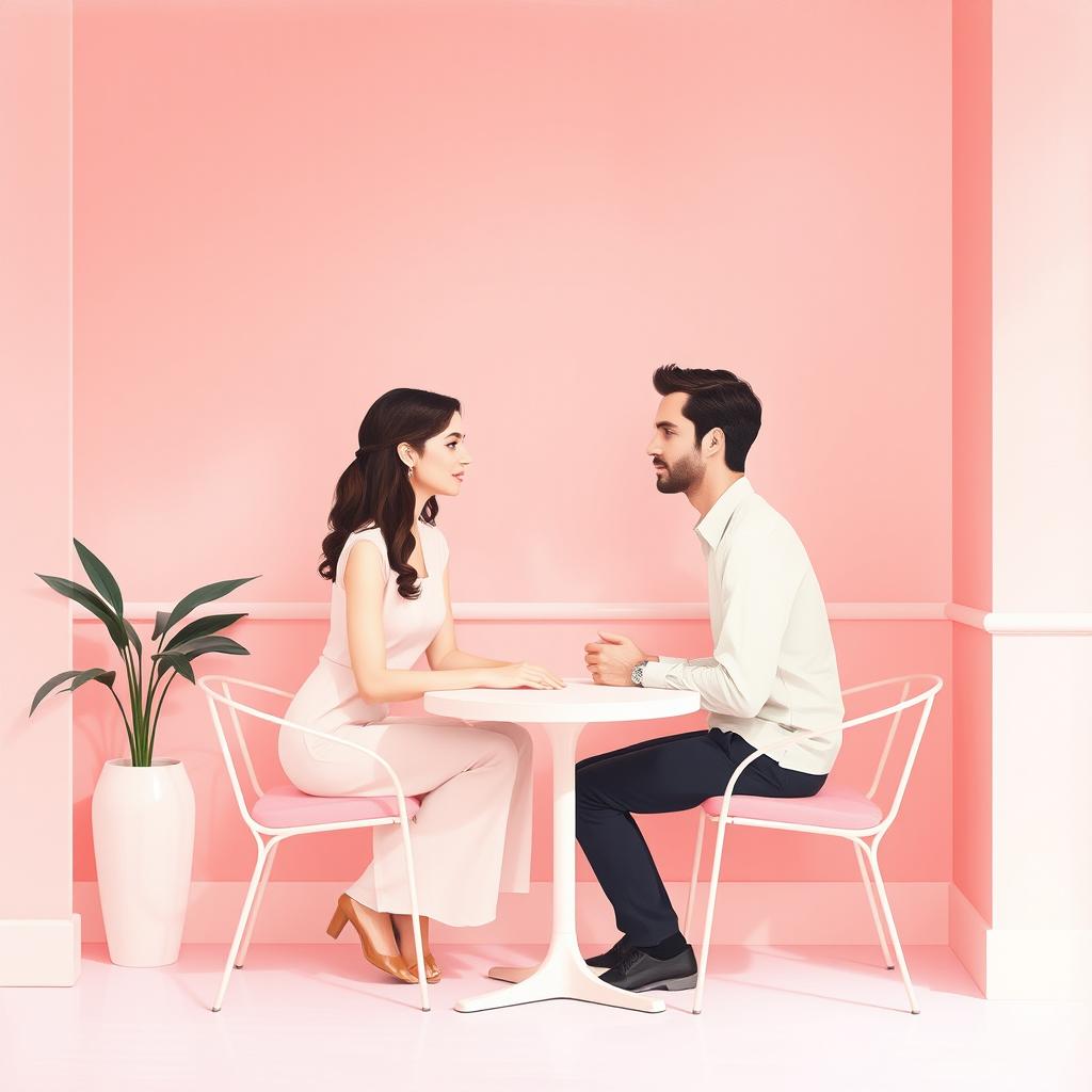 A minimalist and simple painting of a woman and a man making direct eye contact in a charming pink cafe