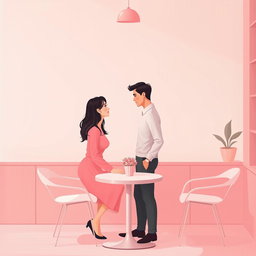 A minimalist and simple painting of a woman and a man making direct eye contact in a charming pink cafe