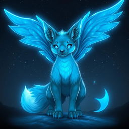 A glowing blue angelic beast that combines the features of a fennec fox and a bear, showcasing large, ethereal wings that shimmer with a bright blue luminescence